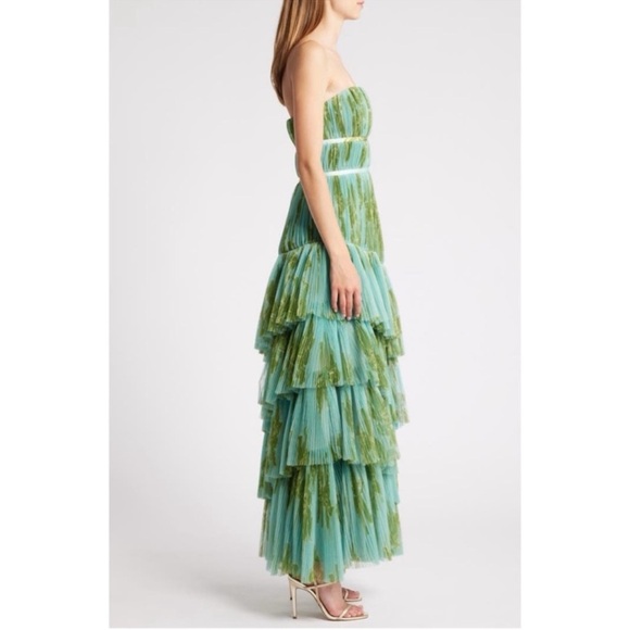 ANTHROPOLOGIE Hutch Lanza Strapless Pleated Tiered Ruffle Tulle Maxi Dress Green - Picture 7 of 15